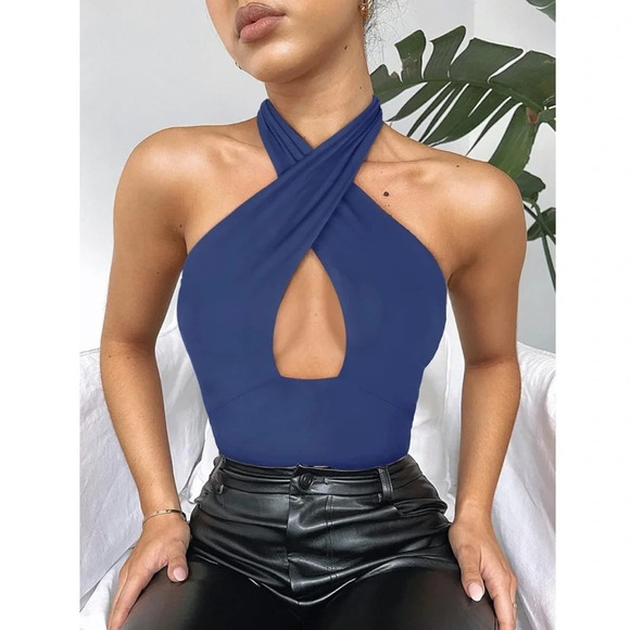 NWT! ReoRia blue criss cross halter body suit XL - Picture 3 of 5